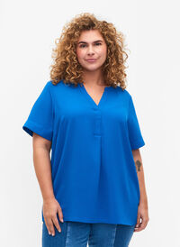 Kurzärmelige Bluse mit V-Ausschnitt, Victoria blue, Model
