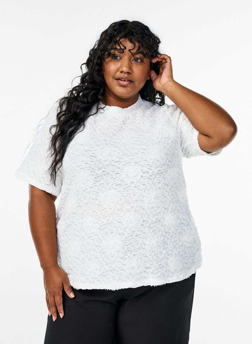 Bluse mit 3D-Blumen und kurzen Ärmeln, Weiß, Model image number 0