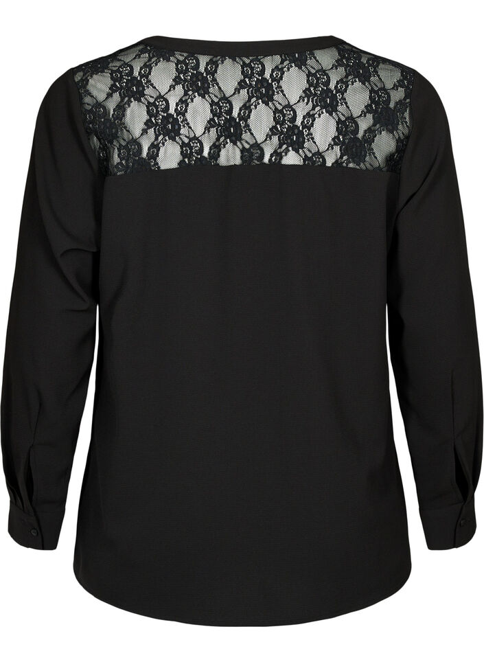 Lang&auml;rmelige Bluse mit Spitzendetail , Black, Packshot image number 1