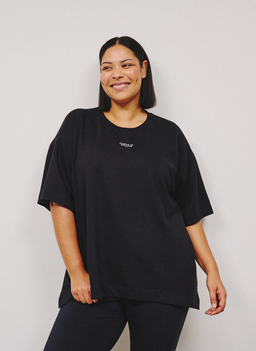 Aktiv-T-Shirt mit lockerer Passform und aufgesticktem Statement, Schwarz, Image image number 0