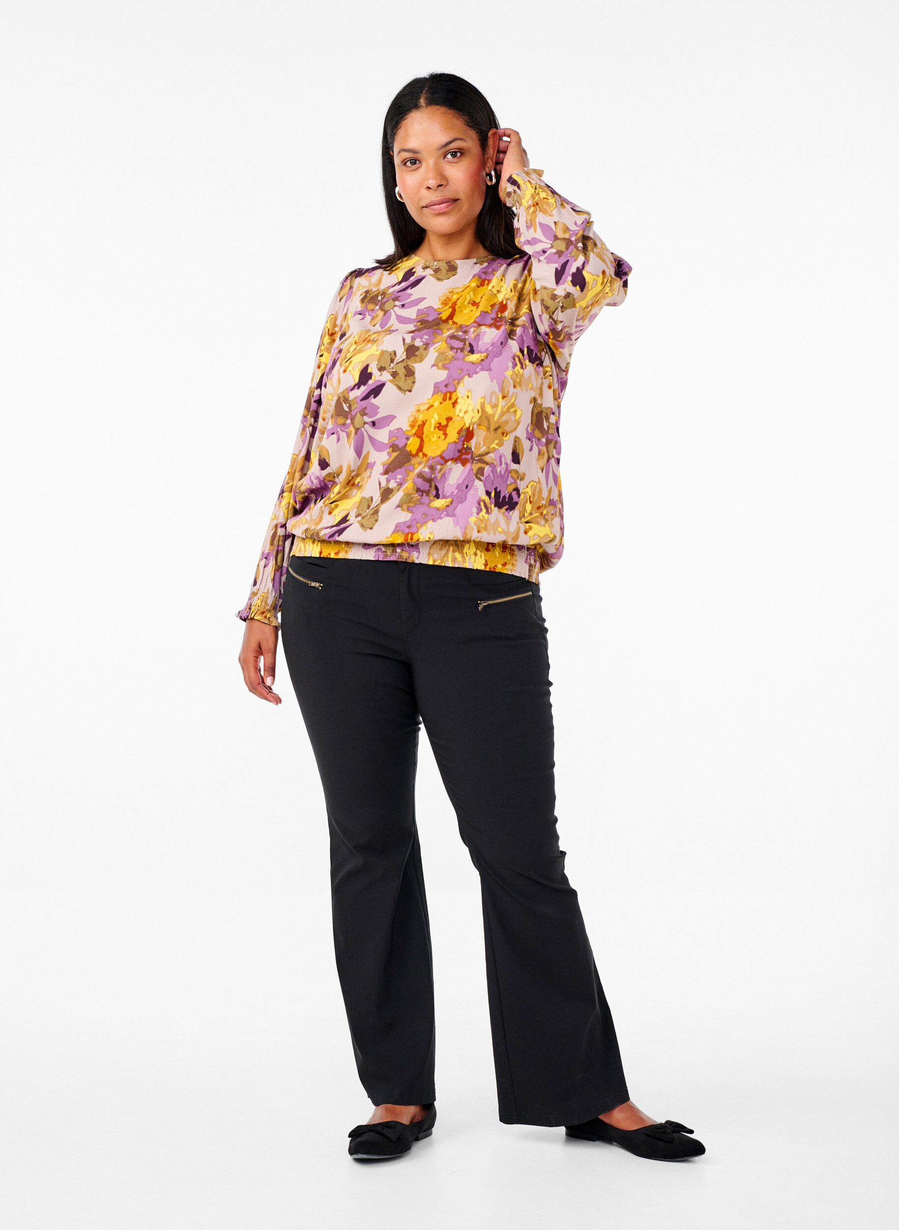 ZizziK&uuml;nstlerbluse mit Blumenmuster, Purple Flower, Model image number 2