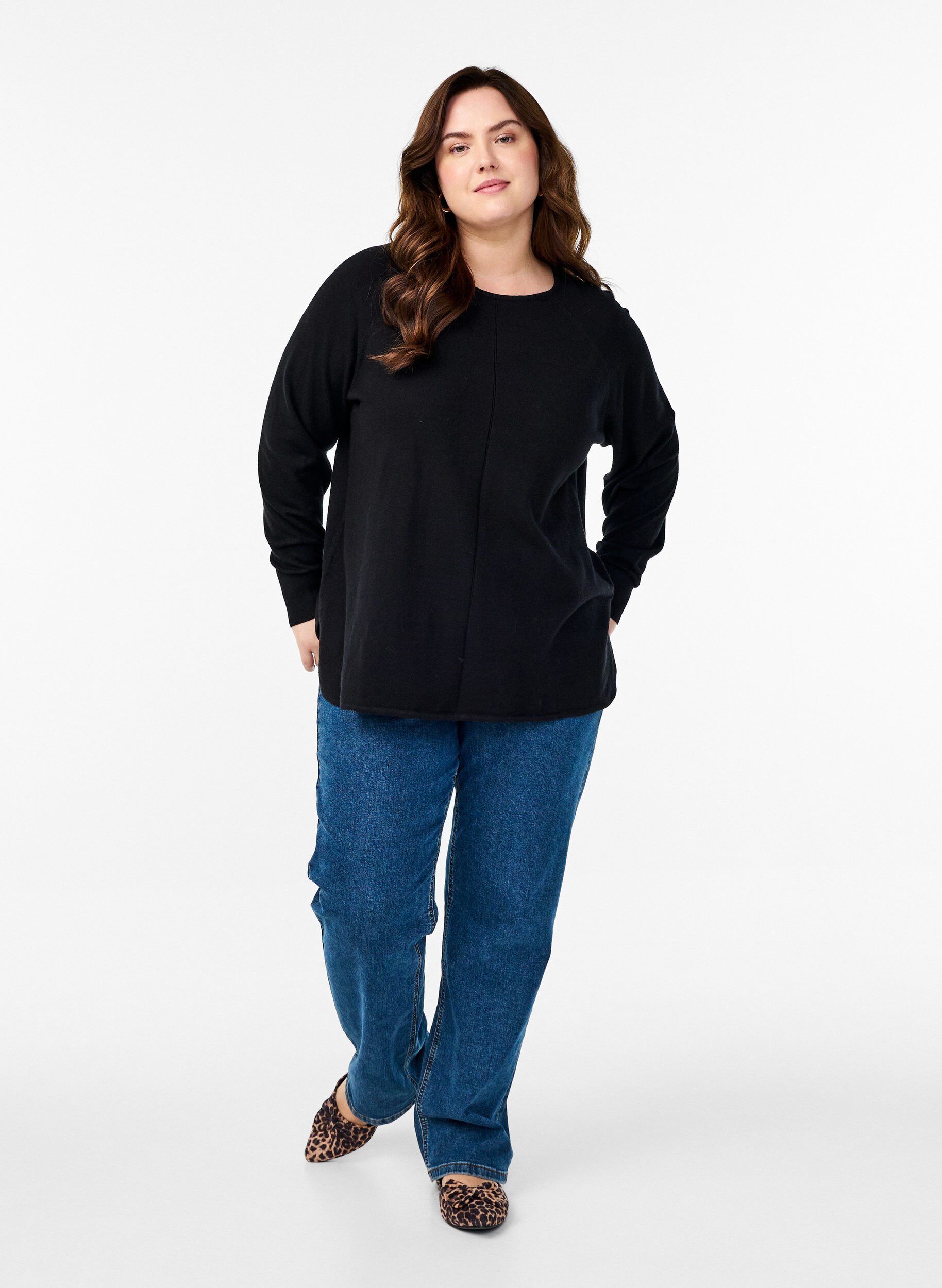 ZizziStrickbluse mit Rundhalsausschnitt und Strickmuster, Schwarz, Model image number 1
