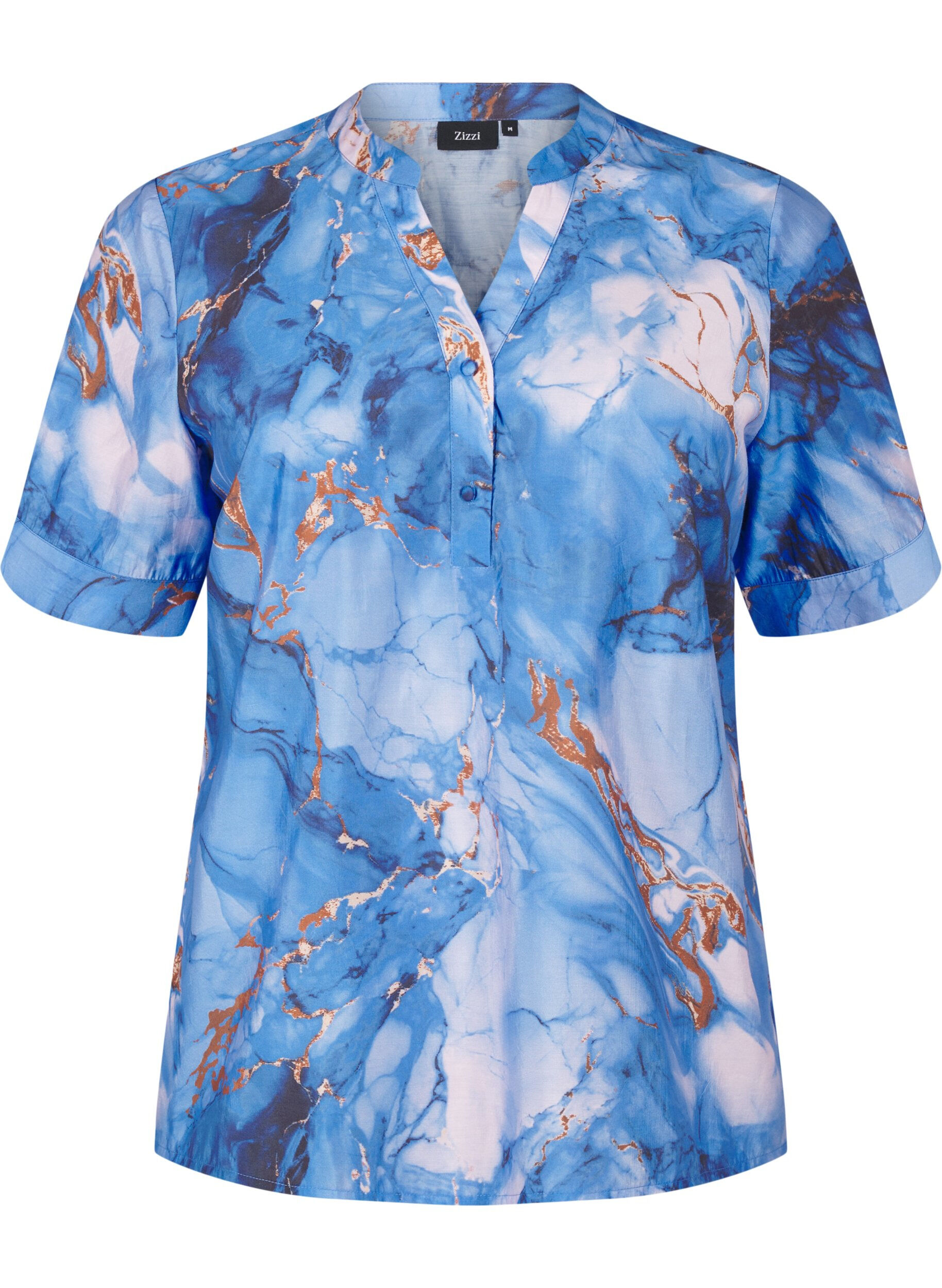 ZizziViskosebluse mit Marmordruck und kurzen &Auml;rmeln, Blau, Packshot image number 0
