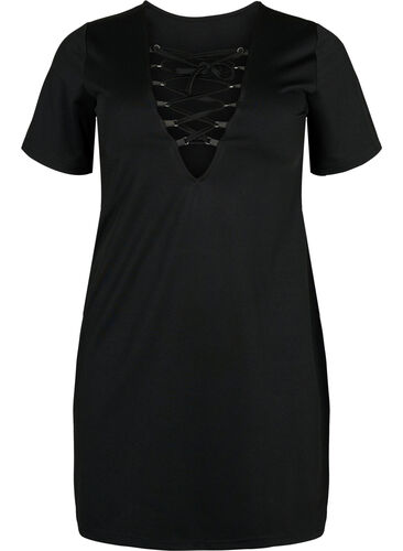 Kurzes Kleid mit V-Ausschnitt und String-Details, Black, Packshot image number 2