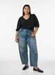 Kurz&auml;rmelige Bluse aus Strick mit Pointelle-Muster, Schwarz, Model image number 1