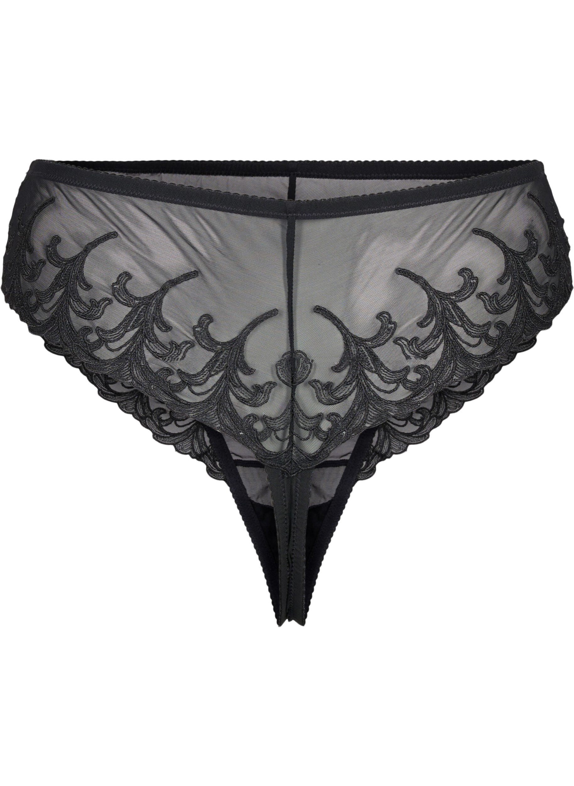 ZizziMesh-Tanga mit Stickereidetails, Schwarz, Packshot image number 1