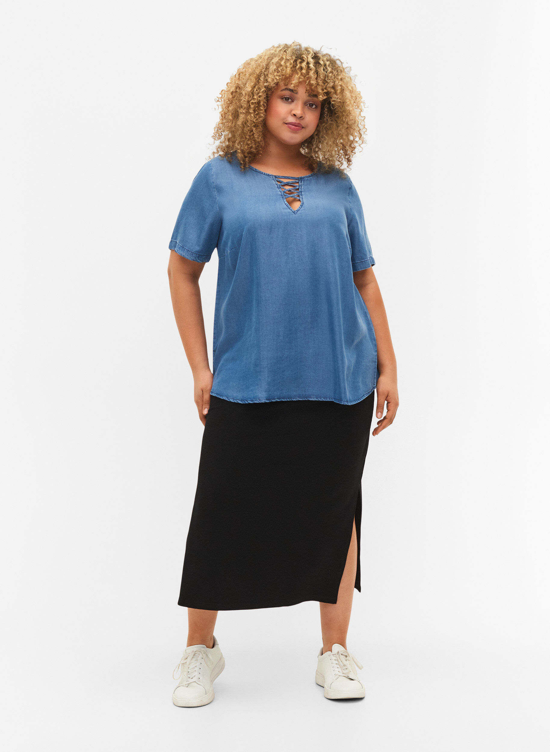 ZizziKurz&auml;rmelige Bluse aus Lyocell (TENCEL&trade;) , Blue denim, Model image number 2