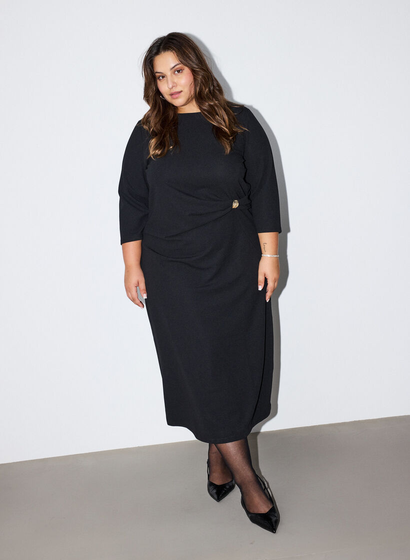 Jerseykleid mit Drapierung und dekorativer Schnalle, Schwarz, Model image number 0