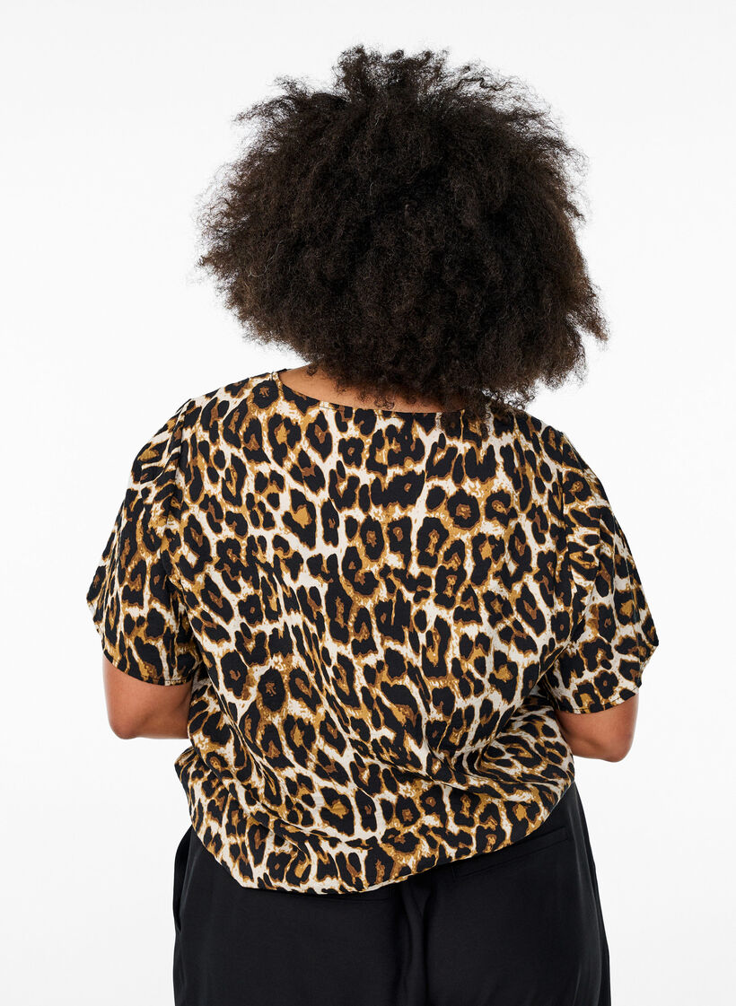 Kurzärmelige Viskosebluse mit Spitzenbesatz, Braun, Model image number 2