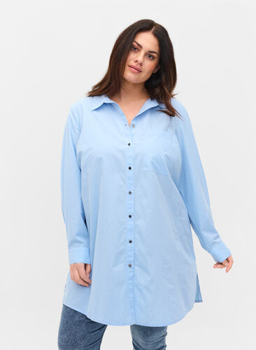 Lange Hemdbluse aus Baumwolle mit Kragen und Knopfverschluss, Chambray Blue, Model image number 1