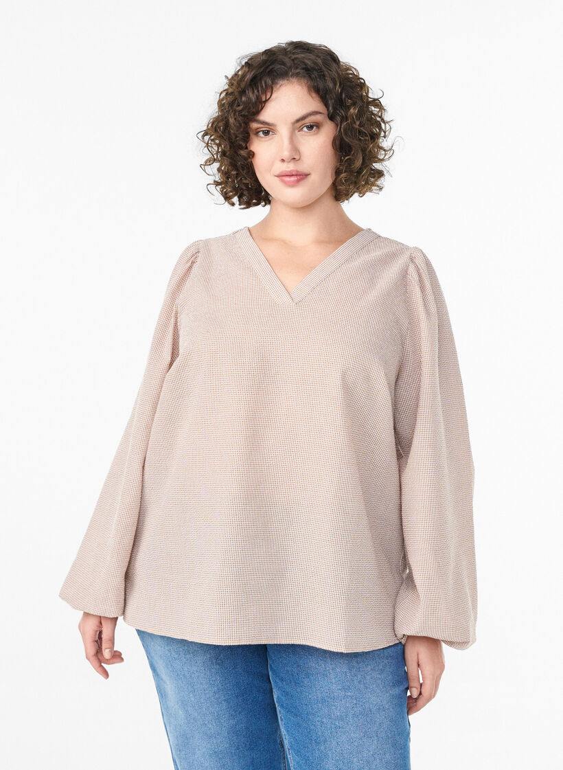 Bluse mit V-Ausschnitt und kleinen Karos, Beige, Model image number 0