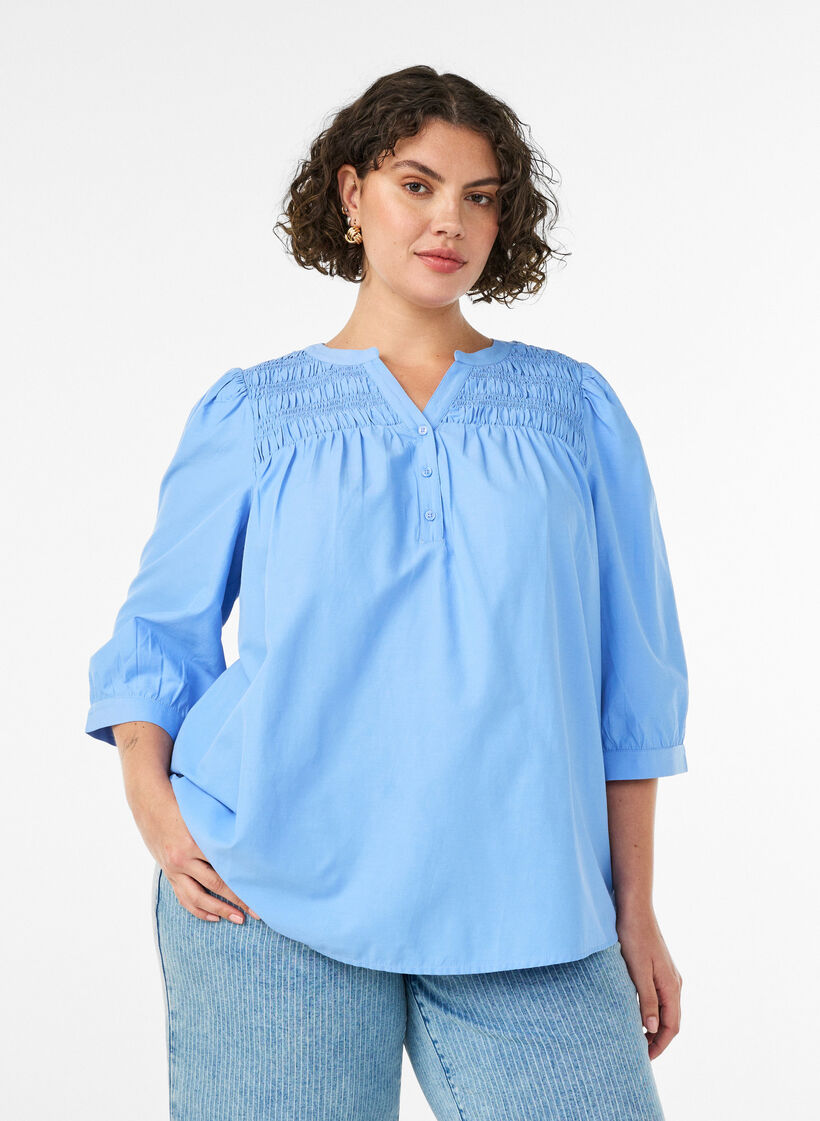 Bluse mit Smock und 3/4-&Auml;rmeln, Blau, Model image number 0