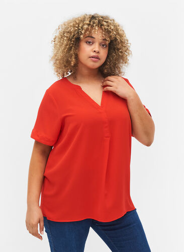 Kurzärmelige Bluse mit V-Ausschnitt, Fiery Red, Model image number 0