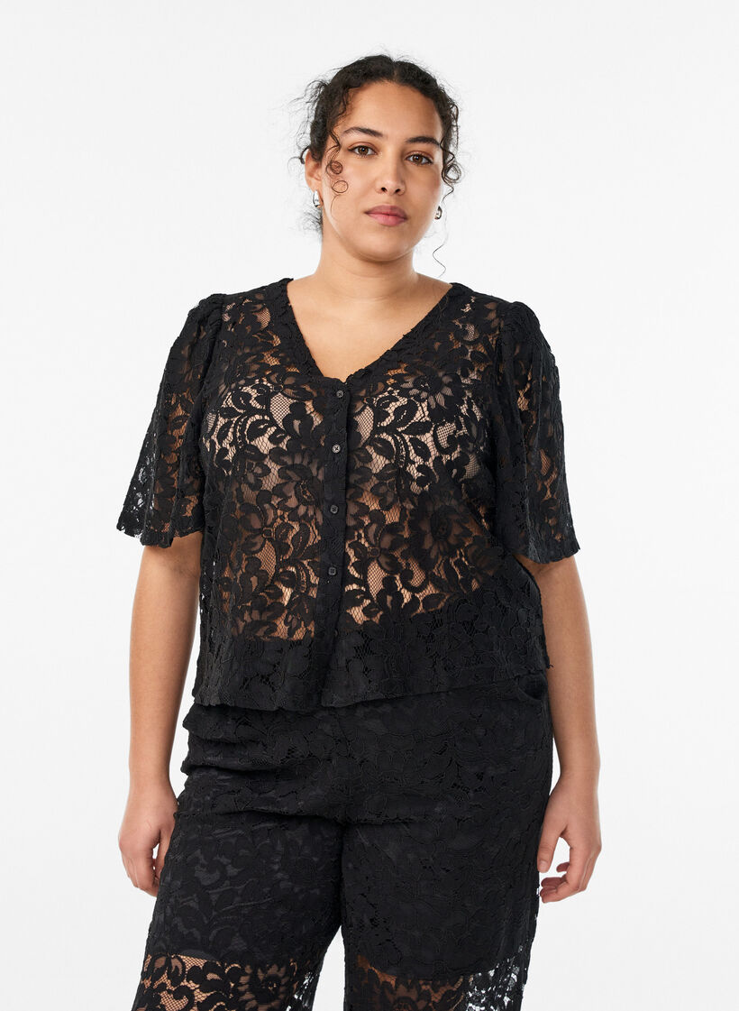 Kurz&auml;rmelige Spitzenbluse mit V-Ausschnitt, Schwarz, Model image number 0