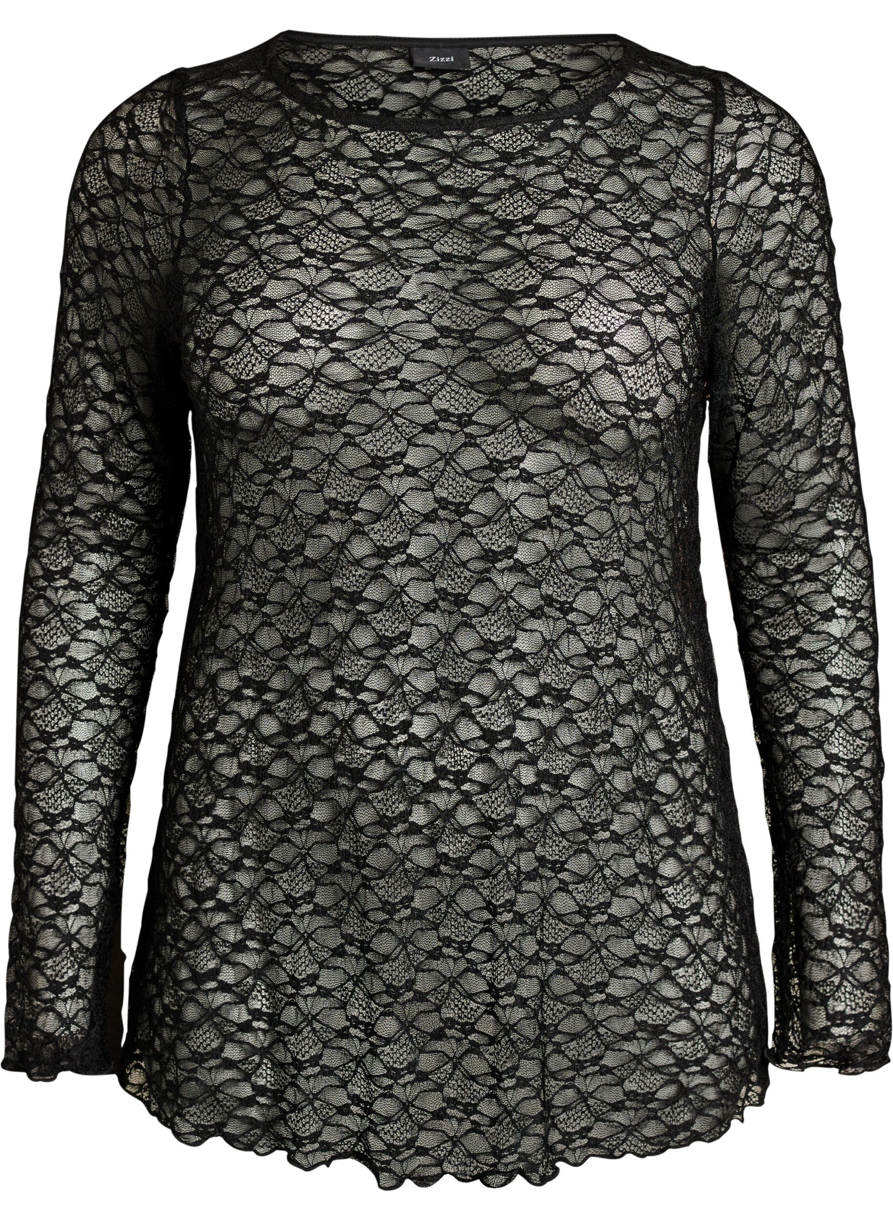 ZizziTransparente Bluse aus Spitze mit langen &Auml;rmeln, Schwarz, Packshot image number 0