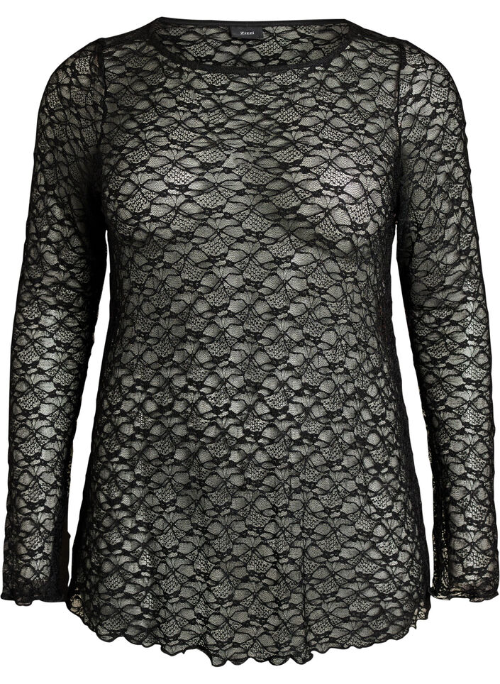 Transparente Bluse aus Spitze mit langen &Auml;rmeln, Schwarz, Packshot image number 0