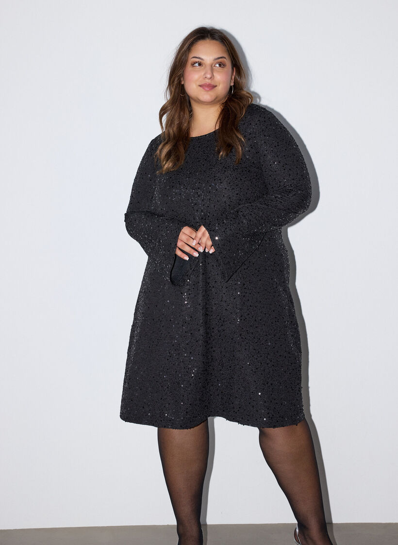 Kurzes Paillettenkleid in A-Linie, Schwarz, Model image number 3