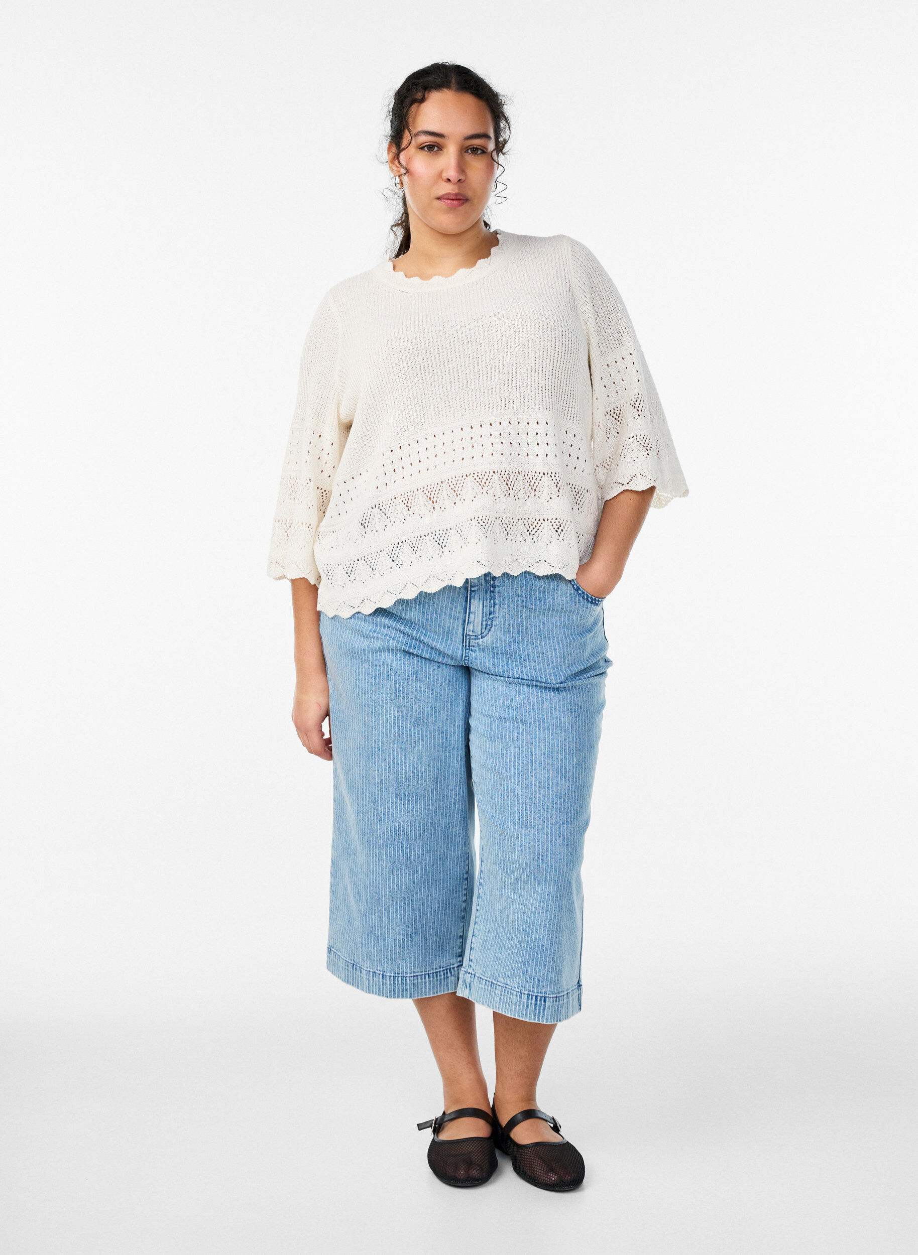 ZizziStrickbluse mit Lochstickerei und 1/2-&Auml;rmeln, Vanille, Model image number 1