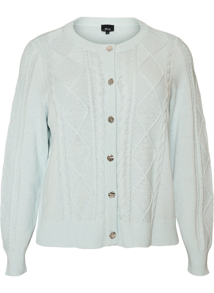 Strickjacke mit Zopfmuster und dekorativen Kn&ouml;pfen, Blau, Packshot image number 0