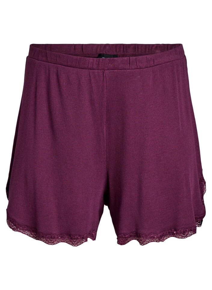 Lockere Nachtshorts aus geripptem Material mit Spitzensaum, Dunkles Bordeaux, Packshot image number 0