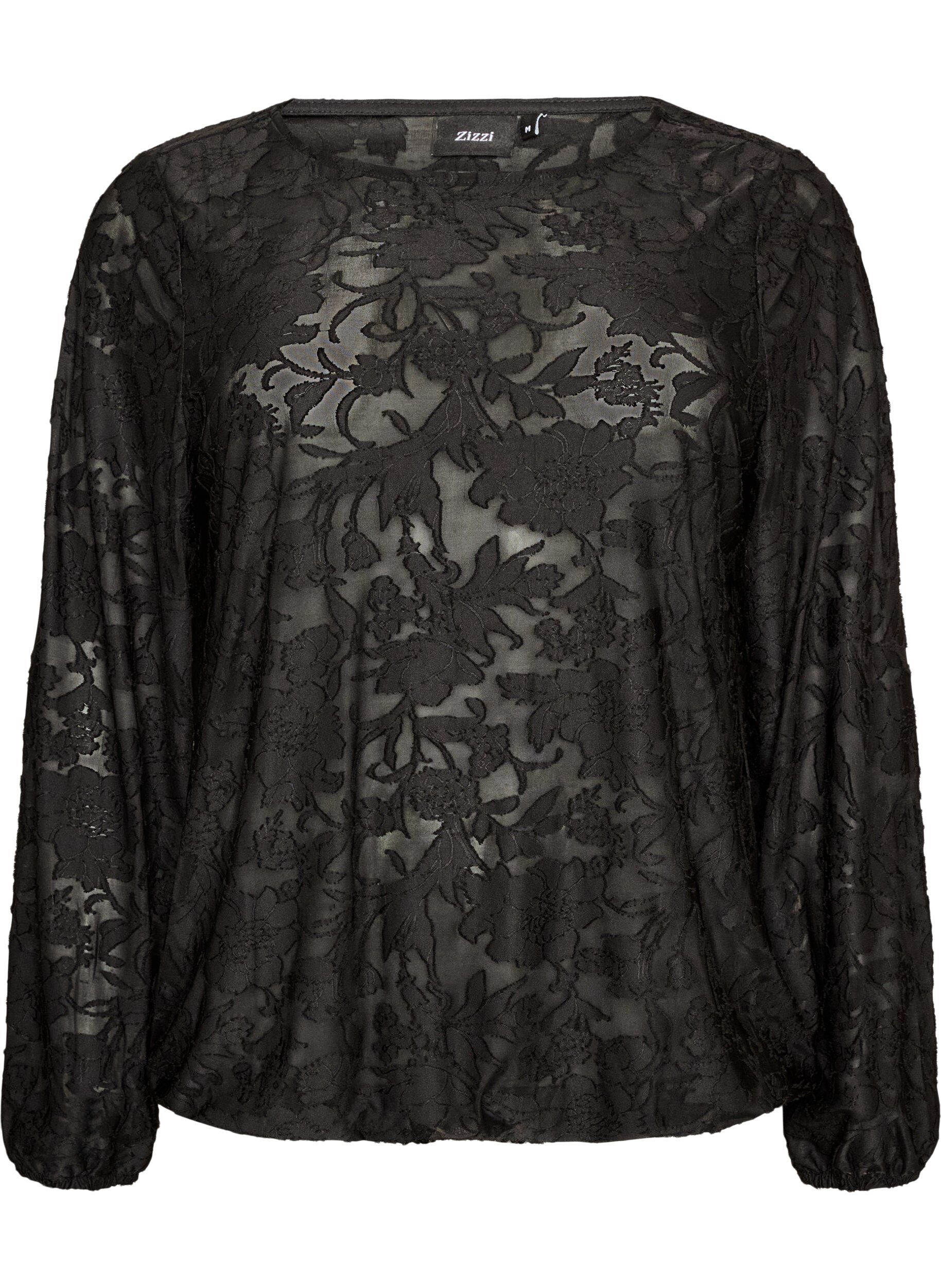 ZizziTransparente Bluse mit floraler Struktur und langen &Auml;rmeln, Schwarz, Packshot image number 0
