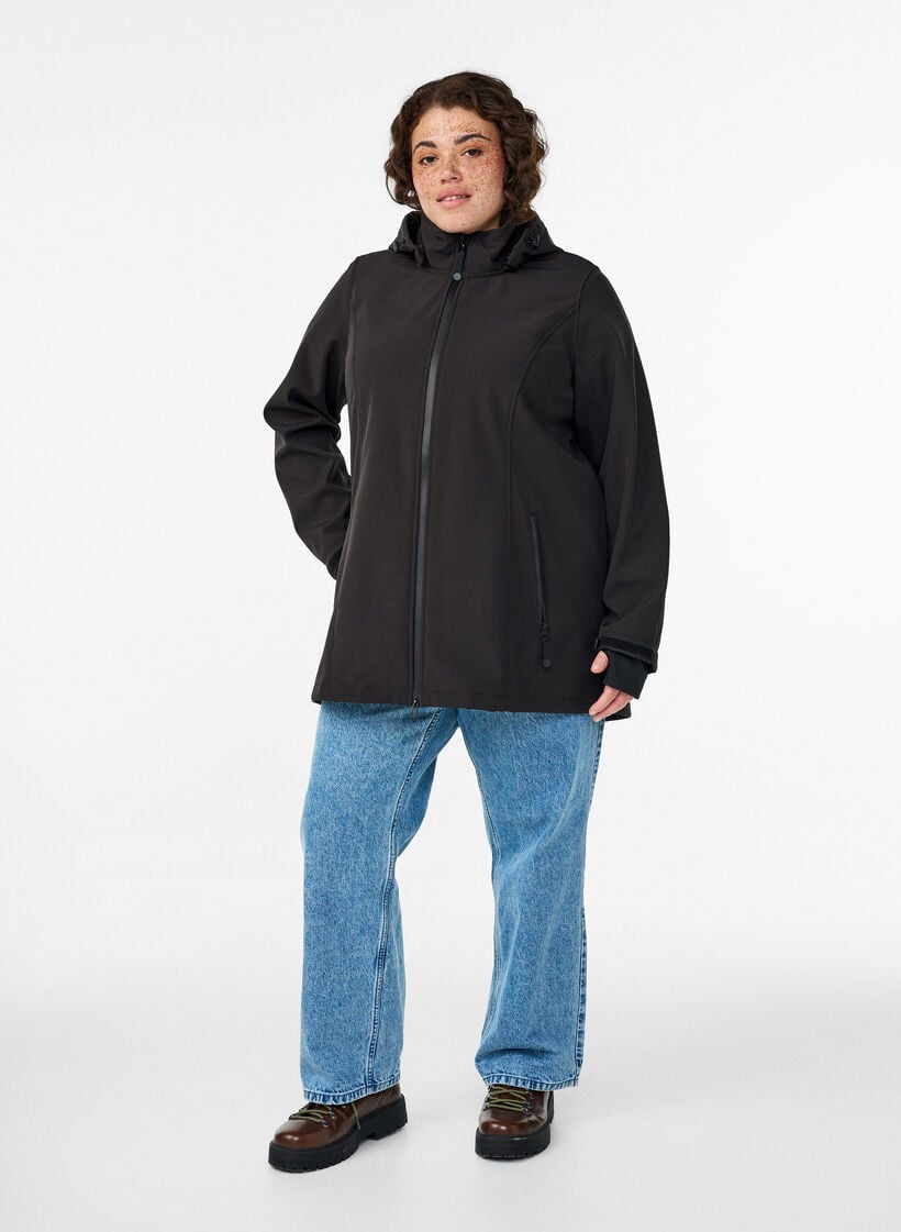Kurze Softshell-Jacke mit abnehmbarer Kapuze, Schwarz, Model image number 1
