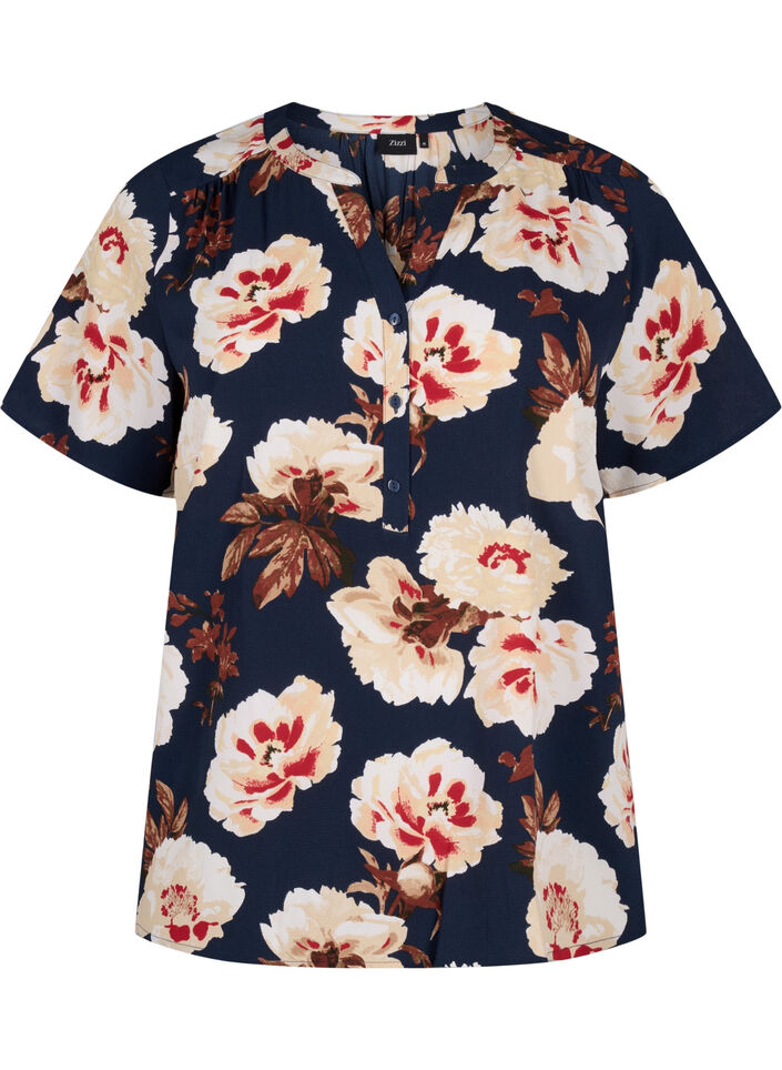 Bluse mit kurzen &Auml;rmeln und V-Ausschnitt , Blau, Packshot image number 0