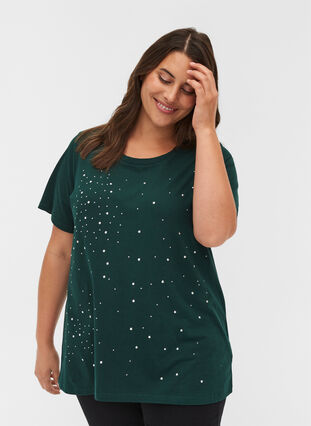 T-Shirt aus Bio-Baumwolle mit Nieten, Dark Green, Model image number 0