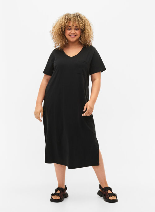 Kurzärmeliges Baumwollkleid mit Schlitz, Black, Model