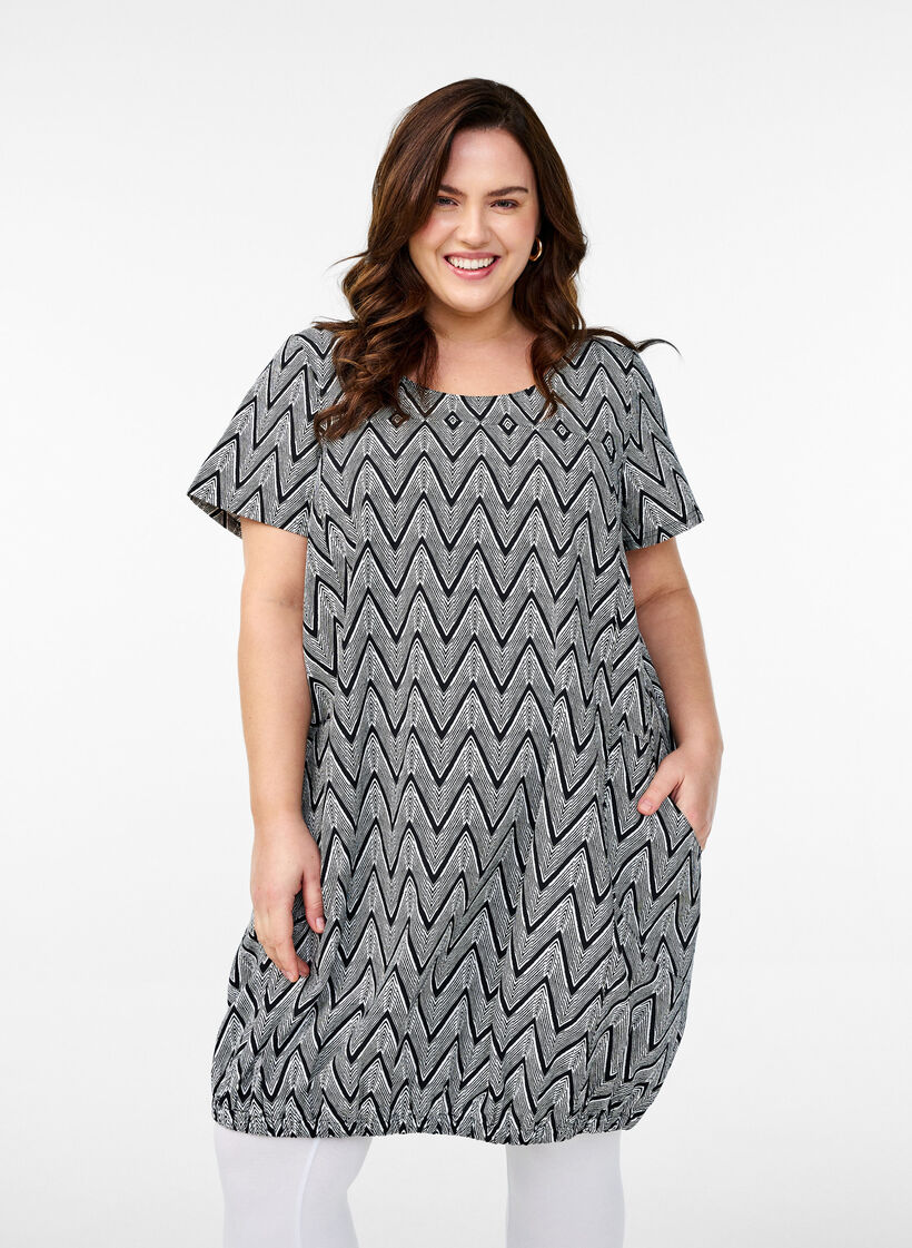 Kurzärmliges Baumwollkleid mit Aufdruck, Schwarz, Model image number 0