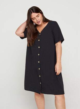 Kurzarm Kleid aus Baumwolle mit Knöpfen, Black, Model image number 0