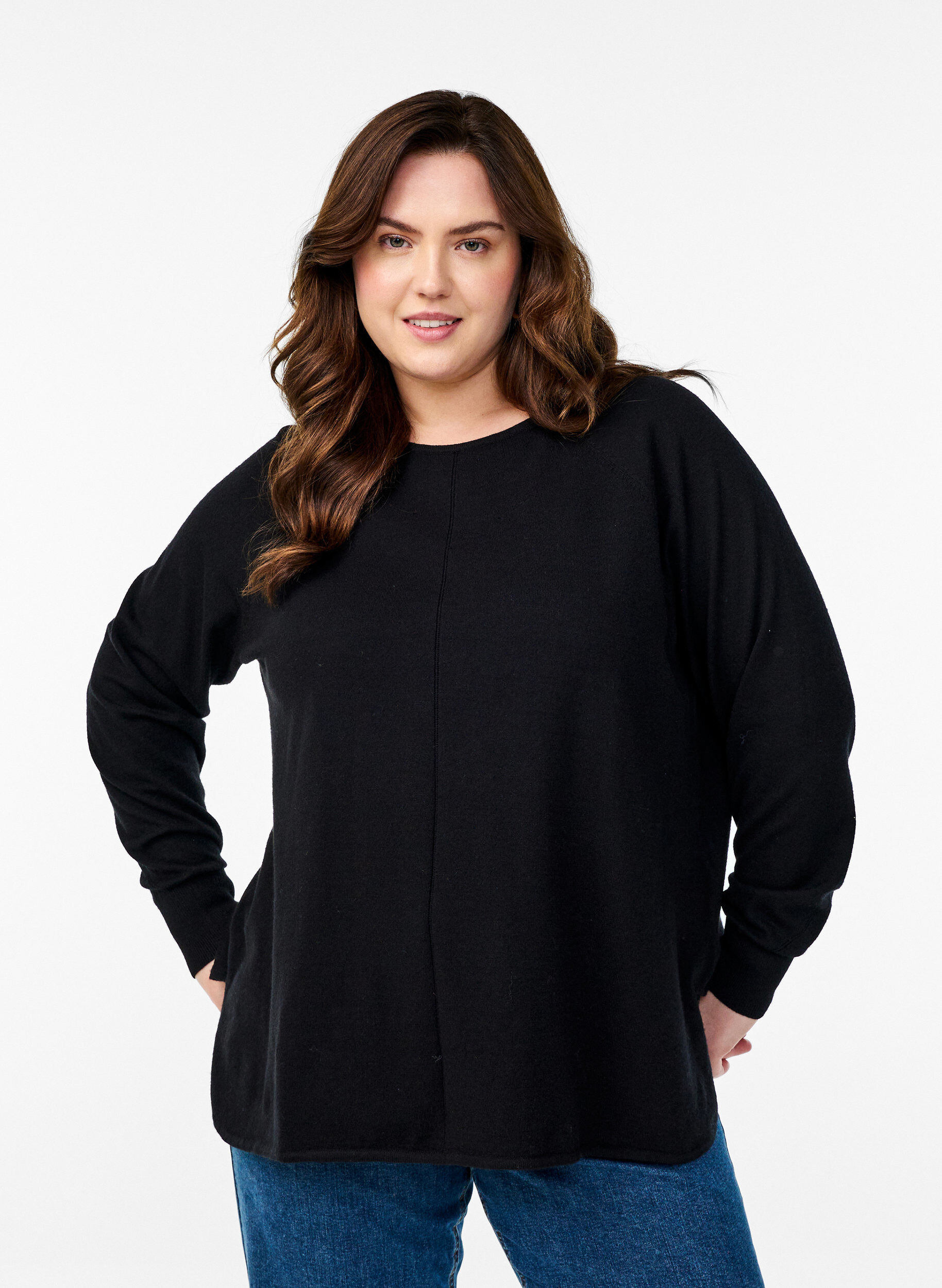 ZizziStrickbluse mit Rundhalsausschnitt und Strickmuster, Schwarz, Model image number 0