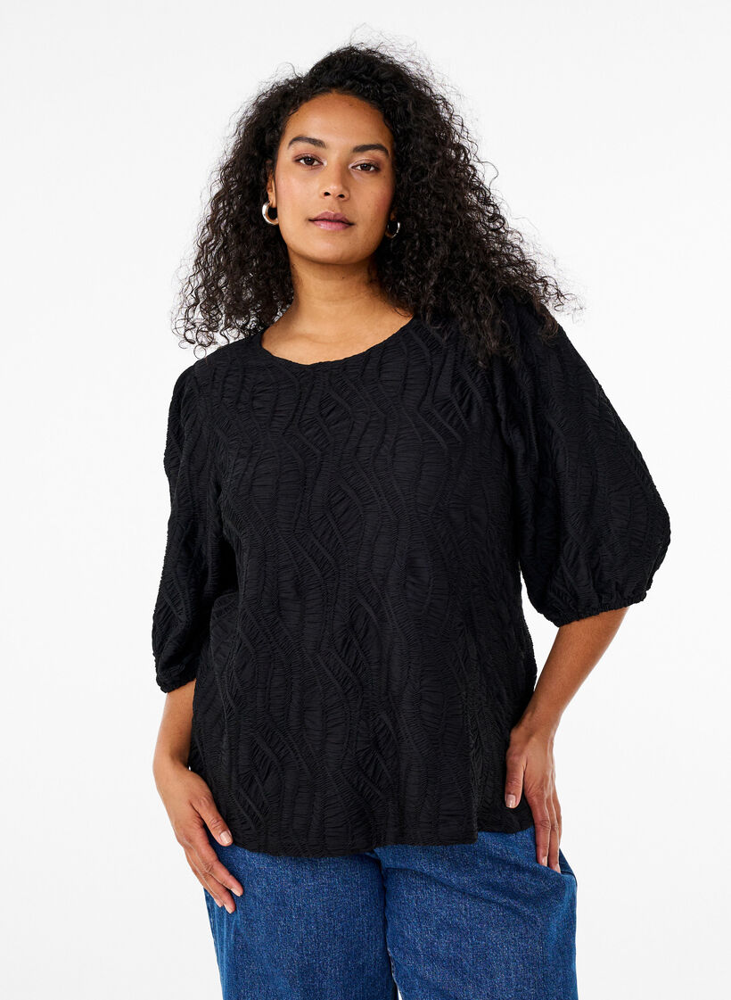 Bluse mit Struktur und 3/4-&Auml;rmeln, Schwarz, Model image number 0