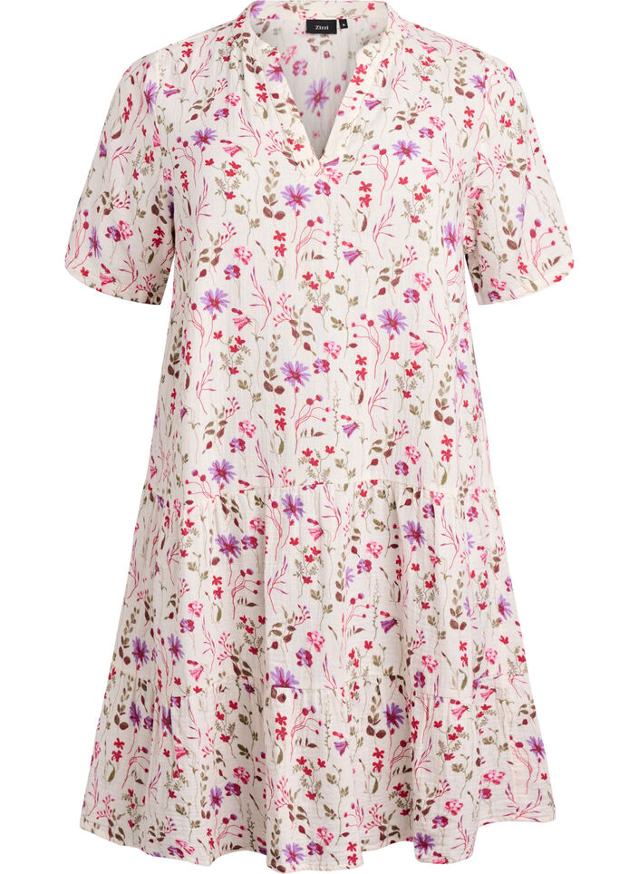 Kurzes A-Linien-Kleid aus Baumwollmusselin, Beige, Packshot image number 0