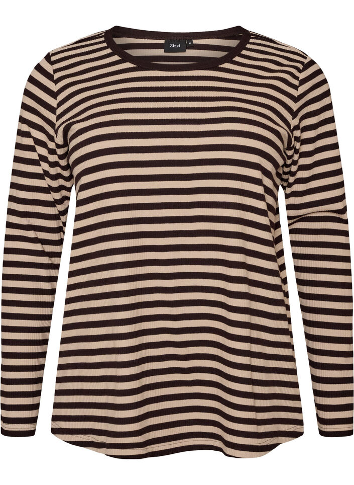 Gestreifte Bluse mit langen &Auml;rmeln, Braun, Packshot image number 0
