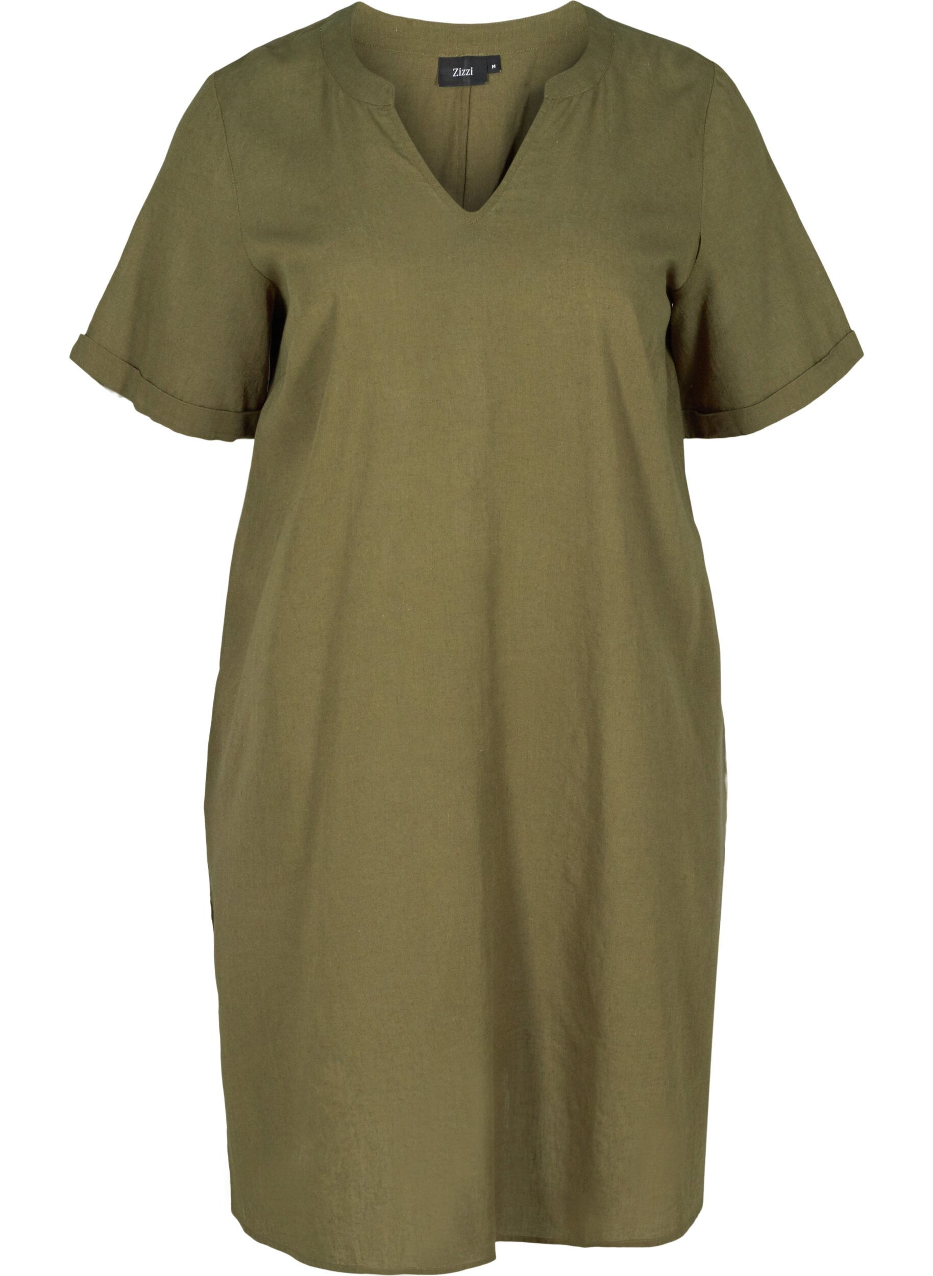 ZizziKurzarm Kleid aus Baumwollmischung mit Leinen, Ivy Green, Packshot image number 0