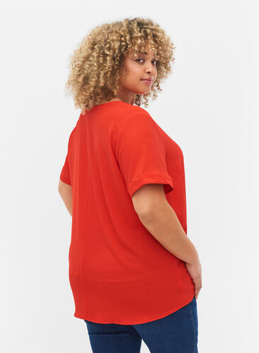 Kurzärmelige Bluse mit V-Ausschnitt, Fiery Red, Model image number 1
