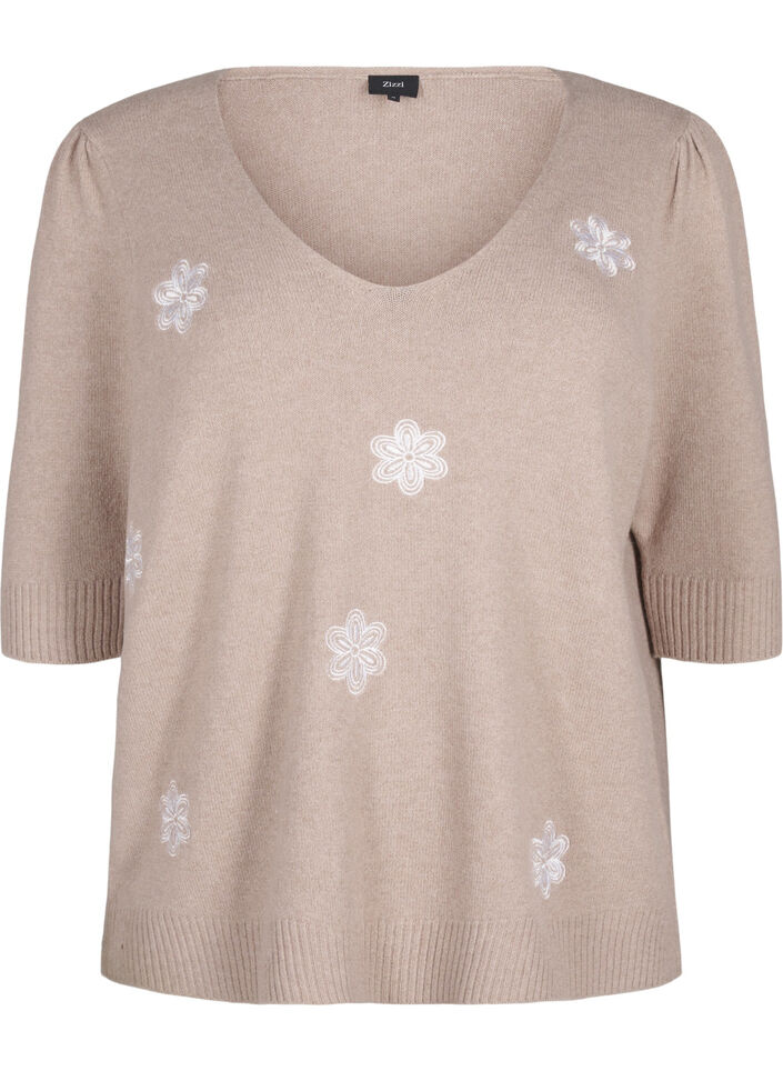 Gestrickte Bluse mit gestickten Blumen, Simply Taupe Mel., Packshot image number 0