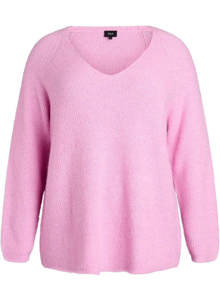 Strickbluse mit V-Ausschnitt und Raglan&auml;rmeln, Pink, Packshot image number 0