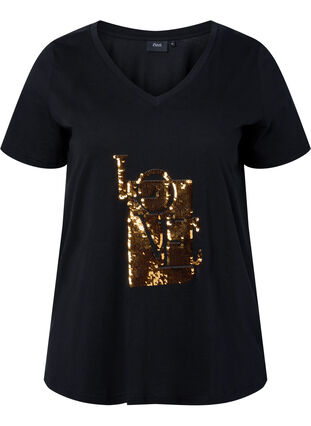 Baumwoll-T-Shirt mit Pailletten, Black w. Love, Packshot image number 0