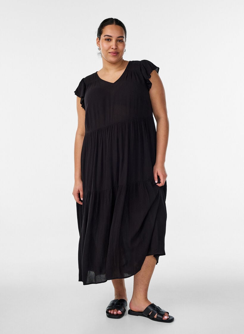 Midikleid aus Viskose mit R&uuml;schen&auml;rmeln, Schwarz, Model image number 0