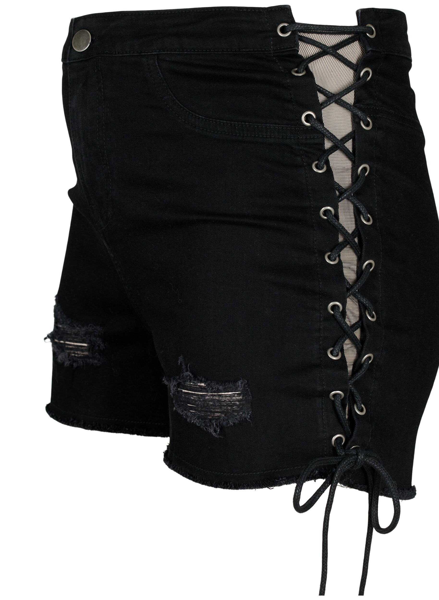 ZizziGerippte Jeansshorts mit Schn&uuml;ren, Black Denim, Packshot image number 2