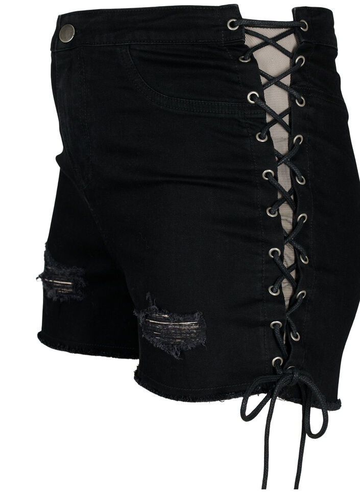 Gerippte Jeansshorts mit Schnüren, Black Denim, Packshot image number 2