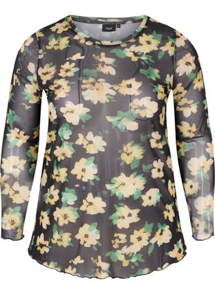 Enganliegende Mesh-Bluse mit Blumenmuster, Yellow Green AOP, Packshot image number 0