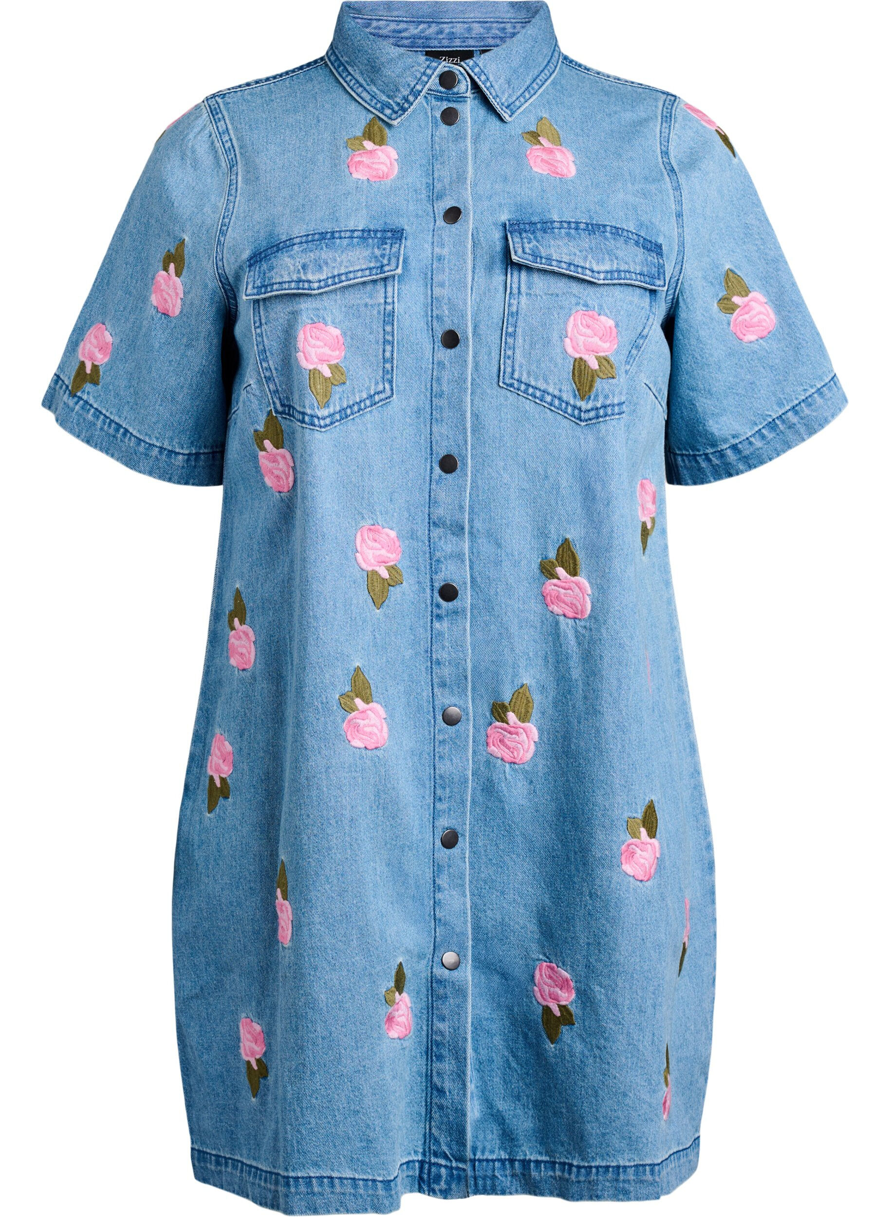 ZizziKurzes Jeanskleid mit gestickten Blumen, Blau, Packshot image number 0