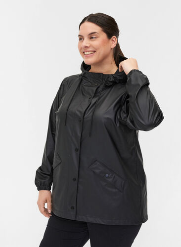 Kurze Regenjacke mit Kapuze und Knopfverschluss, Black, Model image number 0