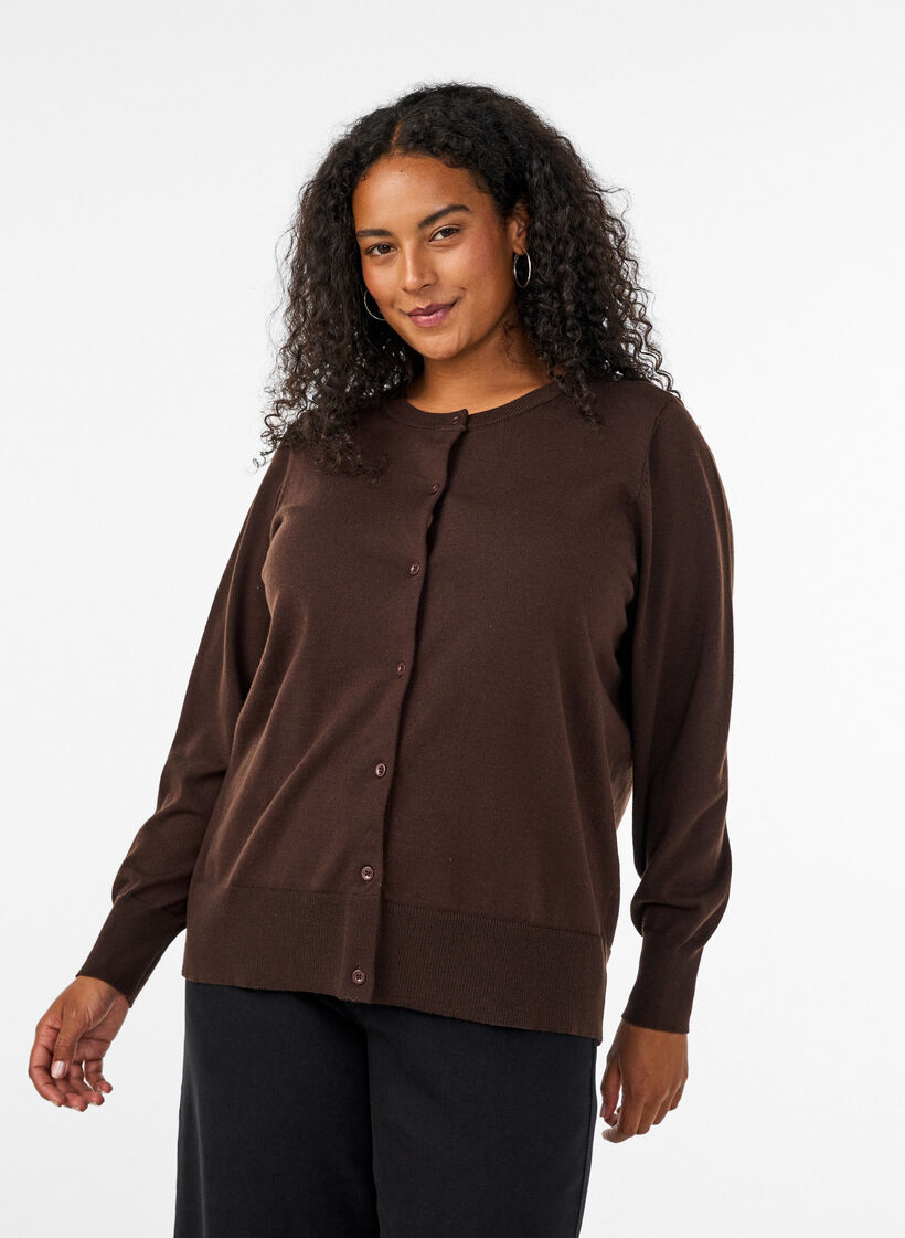 Feinstrick-Strickjacke mit Rundhalsausschnitt, Braun, Model image number 0