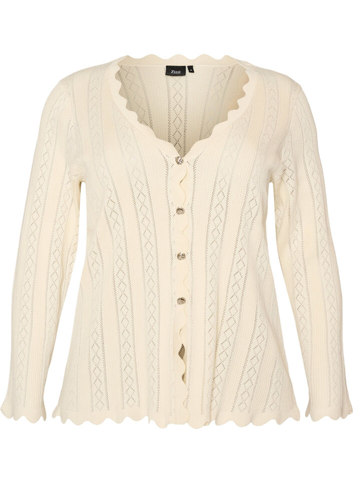 Cardigan with eyelet embroidery and wavy edges, Vanilla, Packshot image number 0