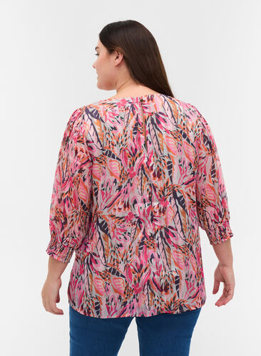 Bluse mit Print, V-Ausschnitt und 3/4-Ärmel, Pink Feather, Model image number 1