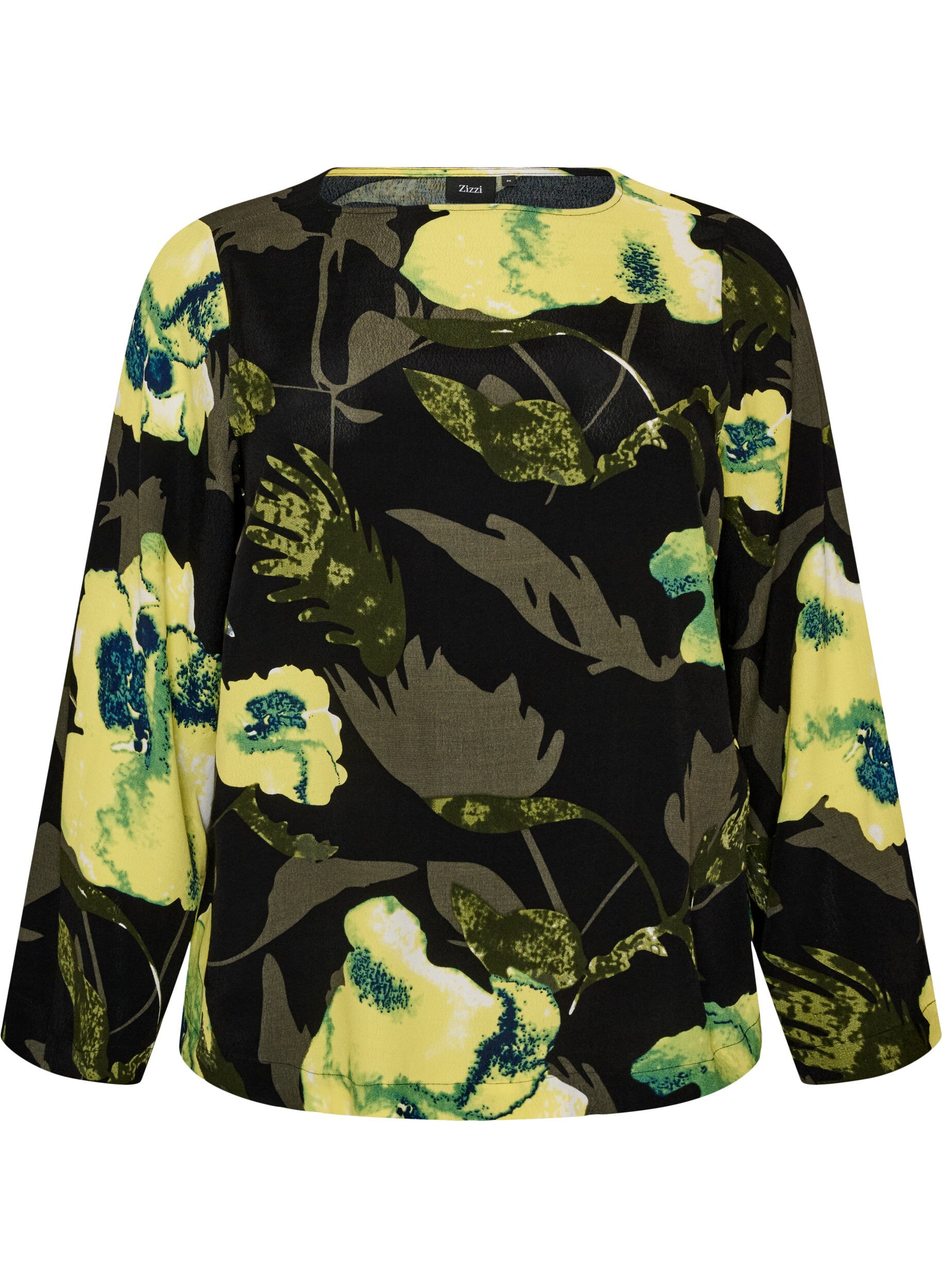 ZizziGebl&uuml;mte Bluse mit U-Boot-Ausschnitt und weiten &Auml;rmeln, Schwarz, Packshot image number 0